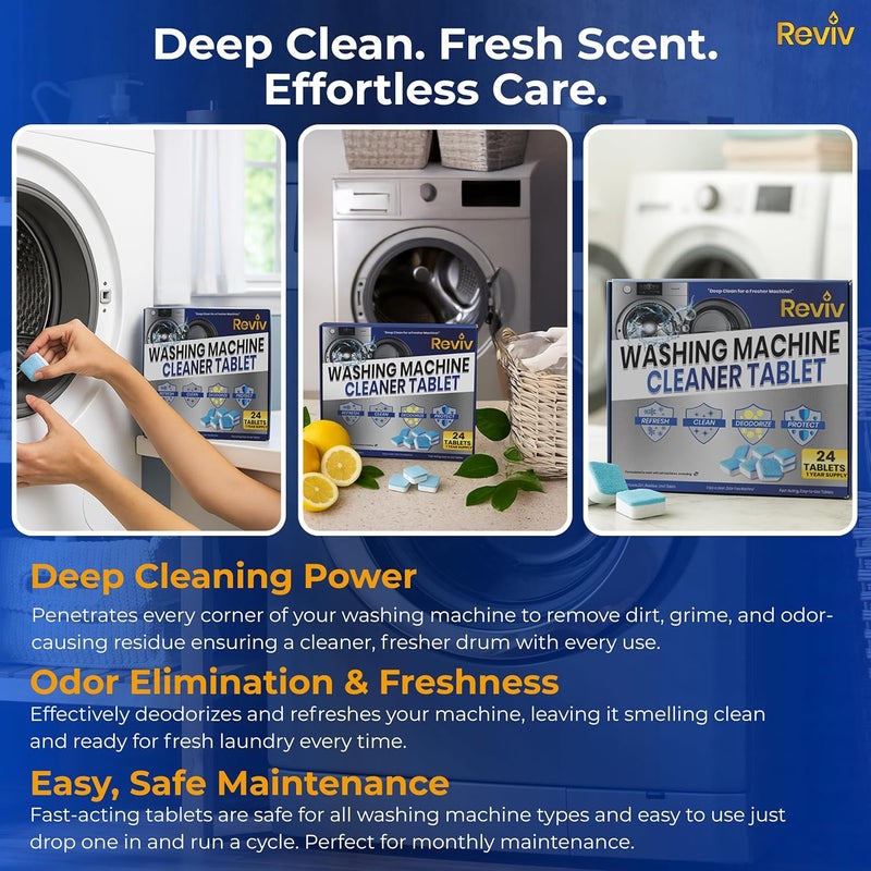 REVIV Washing Machine Cleaner Tablets – 24 Count, 12-Month Supply – Deep Cleaning & Odor-Removing Tablets for Front Load, Top Load & HE Washers – Biodegradable, Septic-Safe, Non-Toxic Descaler - Image 2